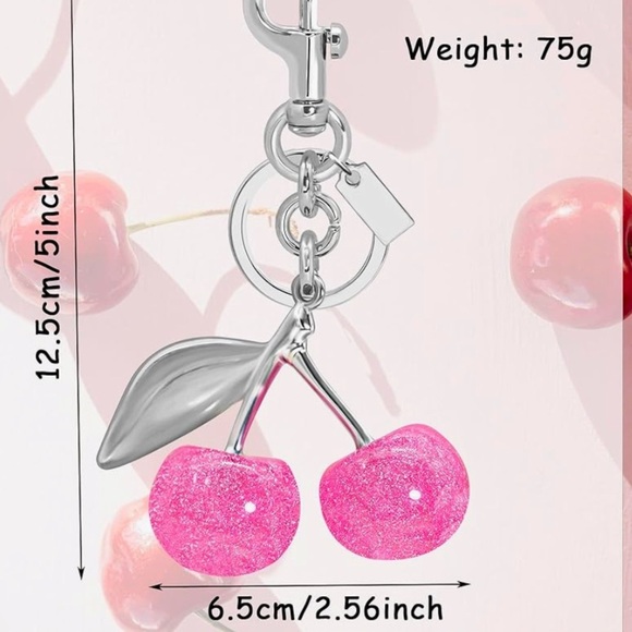 Cherry sparkles pink purse charm with silver hardware to clip on your coach bag - Picture 2 of 4